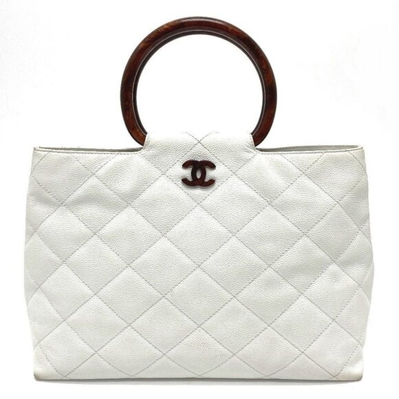 CHANEL Vintage Leather Tote White Shoulder Bag Wooden Ring Handle